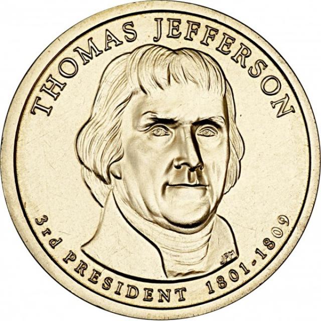 Монета Томас Джефферсон, 1 долар 2007, США, Президенти США