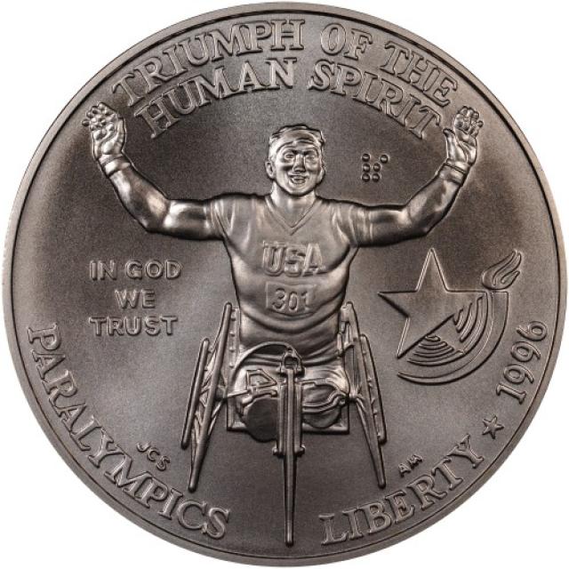 Монета Перегони на інвалідних візках, 1 долар 1996, США, X літні Паралімпійські ігри, Атланта 1996
