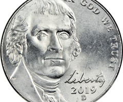 Монета Jefferson Nickel, 5 центів 2019, США, США