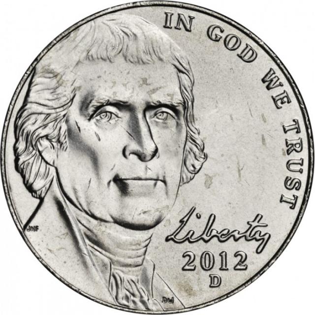 Монета Jefferson Nickel, 5 центів 2012, США, США