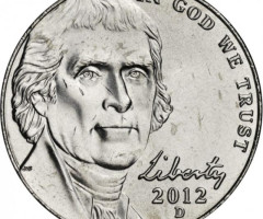 Монета Jefferson Nickel, 5 центів 2012, США, США
