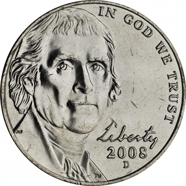 Монета Jefferson Nickel, 5 центів 2008, США, США