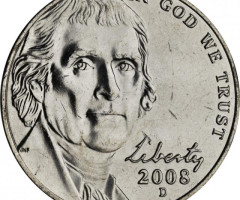 Монета Jefferson Nickel, 5 центів 2008, США, США