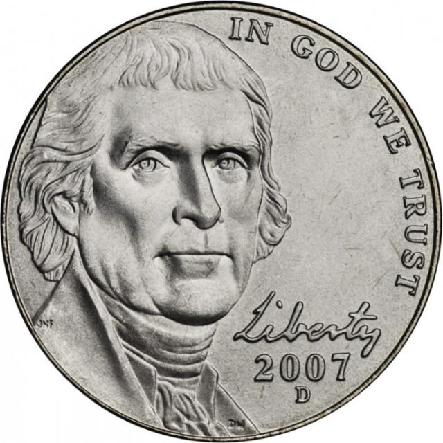 Монета Jefferson Nickel, 5 центів 2007, США, США