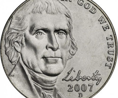 Монета Jefferson Nickel, 5 центів 2007, США, США