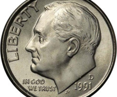 Монета Roosevelt Dime, 1 дайм 1991, США, США