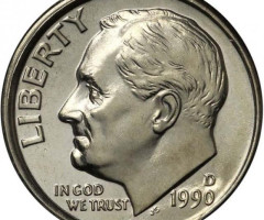 Монета Roosevelt Dime, 1 дайм 1990, США, США