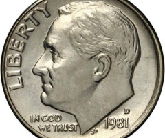 Монета Roosevelt Dime, 1 дайм 1981, США, США
