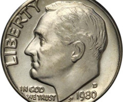 Монета Roosevelt Dime, 1 дайм 1980, США, США