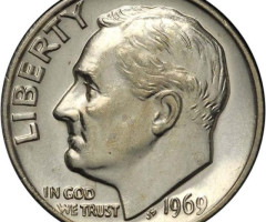 Монета Roosevelt Dime, 1 дайм 1969, США, США