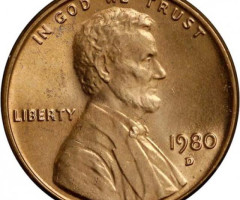 Монета Lincoln Cent, 1 цент 1980, США, США