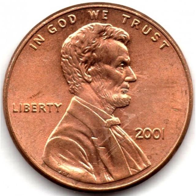 Монета Lincoln Cent, 1 цент 2001, США, США