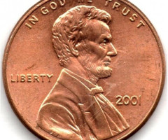Монета Lincoln Cent, 1 цент 2001, США, США