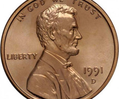 Монета Lincoln Cent, 1 цент 1991, США, США