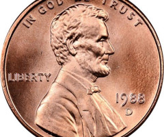 Монета Lincoln Cent, 1 цент 1988, США, США