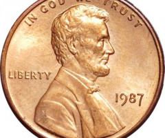 Монета Lincoln Cent, 1 цент 1987, США, США