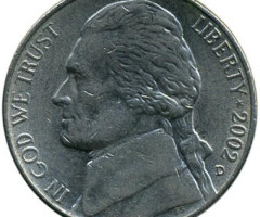 Монета Jefferson Nickel, 5 центів 2002, США, США