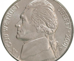 Монета Jefferson Nickel, 5 центів 2001, США, США