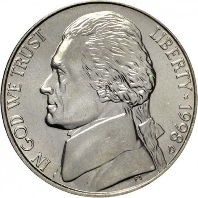 Монета Jefferson Nickel, 5 центів 1998, США, США