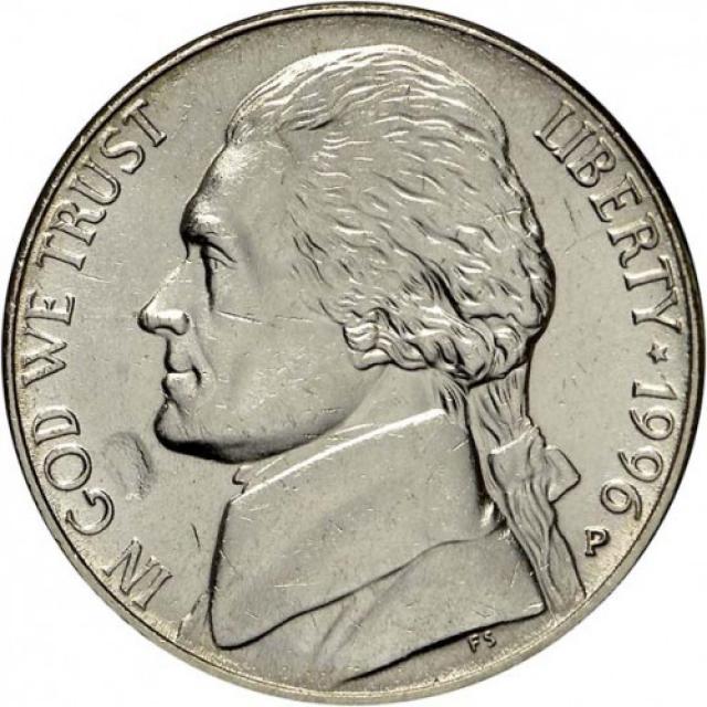 Монета Jefferson Nickel, 5 центів 1996, США, США