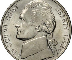Монета Jefferson Nickel, 5 центів 1992, США, США