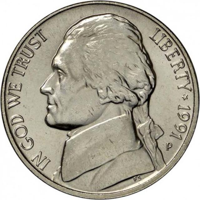 Монета Jefferson Nickel, 5 центів 1991, США, США