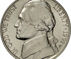 Монета Jefferson Nickel, 5 центів 1991, США, США