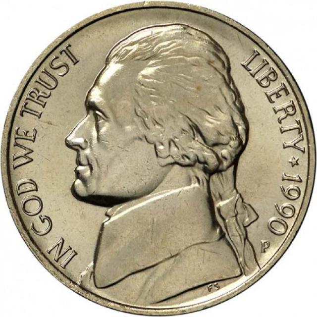 Монета Jefferson Nickel, 5 центів 1990, США, США