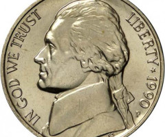 Монета Jefferson Nickel, 5 центів 1990, США, США