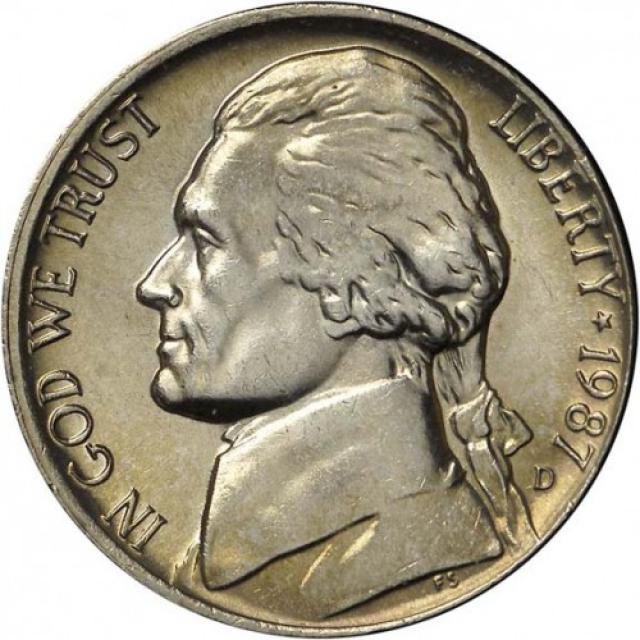Монета Jefferson Nickel, 5 центів 1987, США, США