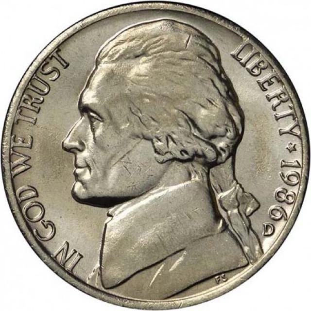 Монета Jefferson Nickel, 5 центів 1986, США, США