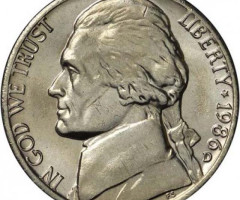 Монета Jefferson Nickel, 5 центів 1986, США, США
