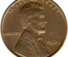 Монета Wheat Penny, Лінкольн, 1 цент 1939, США, США