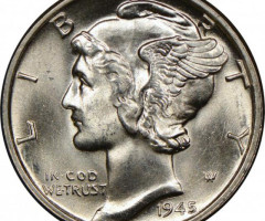 Монета Mercury Dime, 1 дайм 1945, США, США