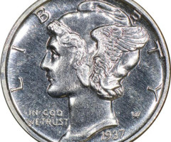 Монета Mercury Dime, 1 дайм 1937, США, США