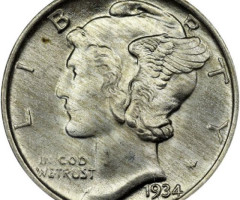 Монета Mercury Dime, 1 дайм 1934, США, США