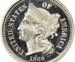 Монета Three Cent Nickel, 3 центи 1869, США, США