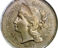 Монета Three Cent Nickel, 3 центи 1867, США, США