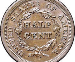 Монета Braided Hair Half Cent, ½ цента 1854, США, США